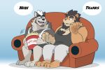  2boys alca animal_ears bara beard beenic black_tank_top casual chest_hair chibi commission couch dog_boy dog_ears english_text facial_hair food full_body furry furry_male glasses grey_fur grey_hair gyee hikaze_(hikazedragon) lion_boy lion_ears male_focus mature_male multiple_boys muscular muscular_male on_couch original pectorals popcorn second-party_source short_hair tank_top two-tone_fur white_tank_top 