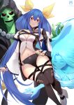 1boy 2girls absurdres asymmetrical_wings bangs bare_shoulders belt black_panties blue_hair blush breasts choker cleavage closed_eyes dizzy_(guilty_gear) fingernails guilty_gear guilty_gear_xrd hair_between_eyes hair_ribbon hair_rings hand_on_own_chest highres jskoyona large_breasts long_hair looking_at_viewer midriff multiple_belts multiple_girls navel necro_(guilty_gear) panties red_eyes ribbon sharp_fingernails simple_background skull tail tail_ornament tail_ribbon thigh_gap thigh_strap thighhighs twintails twitter_username underwear undine_(guilty_gear) white_background wide_sleeves wings yellow_ribbon 
