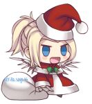  1girl :d blonde_hair blue_eyes blush capelet christmas coat commentary fur-trimmed_capelet fur_trim hat holding holding_sack long_hair long_sleeves lowres meme mercy_(overwatch) open_mouth overwatch padoru_(meme) red_capelet red_coat red_headwear sack santa_hat simple_background smile solo standing tifa_amakura tongue twitter_username white_background 