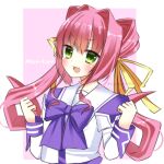  blush bow clenched_hands copyright_name cropped_torso eyebrows_visible_through_hair green_eyes hair_ears hair_ribbon hakuryou_high_school_uniform head_tilt long_hair looking_at_viewer muvluv muvluv_alternative pink_hair purple_bow ribbon ryuua_(pink-moon_8739) sailor_collar school_uniform smile tamase_miki twintails upper_body yellow_ribbon 