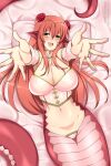  1girl :d bed blush breasts commission detached_sleeves flower hair_between_eyes hair_flower hair_ornament happy jewelry lamia large_breasts lindaroze long_hair looking_at_viewer lying maebari miia_(monster_musume) monster_girl monster_musume_no_iru_nichijou navel on_back open_mouth outstretched_arms pillow pointy_ears reaching_out red_flower red_hair red_rose ring rose scales sidelocks slit_pupils smile solo yellow_eyes 