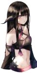  1girl absurdres au_ra avatar_(ffxiv) bangs bare_shoulders black_camisole black_hair blunt_bangs breasts camisole cleavage collarbone commentary criss-cross_halter detached_sleeves dragon_horns final_fantasy final_fantasy_xiv halterneck highres hime_cut horns long_hair long_sleeves looking_at_viewer maho_moco midriff navel purple_eyes scales sidelocks simple_background solo straight_hair upper_body white_background 