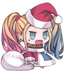  1girl :d aqua_eyes blonde_hair chibi christmas coat commentary dc_comics eyeshadow facial_mark hair_tie harley_quinn hat holding holding_sack long_hair long_sleeves lowres makeup meme open_mouth padoru_(meme) red_headwear sack santa_hat simple_background smile solo standing suicide_squad tied_hair tifa_amakura twintails twitter_username white_background 