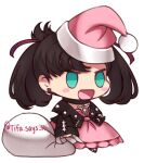  1girl :d asymmetrical_bangs bangs black_choker black_jacket blush_stickers choker commentary dress earrings green_eyes hair_ribbon hat holding holding_sack jacket jewelry lowres marnie_(pokemon) meme open_clothes open_jacket open_mouth padoru_(meme) pink_dress pink_headwear pokemon pokemon_(game) pokemon_swsh red_ribbon ribbon sack santa_hat simple_background smile solo standing tifa_amakura tongue white_background 