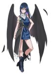  1girl absurdres alternate_costume arm_at_side armpit_crease bangs bare_shoulders bird_wings black_coat black_footwear black_wings blue_dress blush boots breasts closed_mouth coat cross-laced_footwear dark_blue_hair dress feathers hair_between_eyes hand_on_hip head_tilt high_collar highres iizunamaru_megumu jnakamura1182 large_breasts lips looking_at_viewer medium_hair pom_pom_(clothes) red_eyes scarf short_dress simple_background sleeveless_coat smile solo standing thighs touhou white_background white_scarf wings 