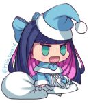  1girl :d bangs black_hair blue_coat blue_headwear blunt_bangs blush_stickers capelet chibi christmas coat colored_inner_hair commentary fur-trimmed_capelet fur_trim green_eyes hat holding holding_sack long_hair long_sleeves lowres meme multicolored_hair open_mouth padoru_(meme) panty_&amp;_stocking_with_garterbelt pink_hair sack santa_hat simple_background smile solo standing stocking_(psg) tifa_amakura twitter_username white_background 