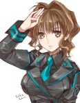  1girl artist_name black_jacket black_shirt blue_necktie breasts brown_eyes brown_hair collared_shirt hair_behind_ear hair_intakes head_tilt highres jacket jinguuji_marimo jun_(rellik_&amp;_redrum) medium_breasts muvluv muvluv_alternative necktie portrait salute shirt sketch solo white_background 