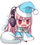  1girl :d bangs blue_capelet blue_coat blue_headwear blush_stickers capelet christmas coat commentary fur-trimmed_capelet fur_trim hat headphones holding holding_sack long_hair long_sleeves lowres meme nitroplus open_mouth padoru_(meme) pink_hair sack santa_hat simple_background smile solo standing super_sonico tifa_amakura twitter_username white_background 