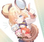  1girl ;) arm_up bangs blonde_hair blush brown_headwear brown_skirt character_doll commentary_request deerstalker doll eyebrows_visible_through_hair gawr_gura grin hair_ornament hat holding holding_doll holding_magnifying_glass hololive hololive_english holomyth index_finger_raised long_sleeves looking_at_viewer magnifying_glass monocle_hair_ornament mori_calliope ninomae_ina&#039;nis one_eye_closed pantyhose plaid plaid_skirt pleated_skirt serino_itsuki shirt skirt smile solo takanashi_kiara twitter_username virtual_youtuber watson_amelia white_shirt 