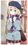  1girl bag bangs beret blonde_hair blue_eyes blue_headwear blue_jacket blue_scarf blush border brick_wall bright_pupils brown_bag building closed_mouth cowboy_shot enpera eyebrows_visible_through_hair hair_between_eyes hands_up hat holding holding_clothes holding_scarf ixy jacket k-on! kotobuki_tsumugi lamp light_bulb long_hair long_sleeves looking_at_viewer messenger_bag multicolored_clothes multicolored_scarf outdoors pink_scarf plaid plaid_scarf plaid_shorts scarf shorts shoulder_bag sidelocks sign sky smile solo standing thick_eyebrows very_long_hair white_border white_pupils 