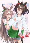  2girls absurdres animal_ears bangs black_hair breasts brown_hair carrying closed_eyes commentary_request crying eyebrows_visible_through_hair green_shorts grey_shorts gym_shirt gym_uniform hair_between_eyes hair_ornament highres horse_ears horse_girl horse_tail kitasan_black_(umamusume) kntrs_(knyrs) large_breasts long_hair medium_hair multicolored_hair multiple_girls one_eye_closed open_mouth parted_lips princess_carry satono_diamond_(umamusume) shirt short_sleeves shorts streaked_hair tail thighhighs tree umamusume very_long_hair white_hair white_legwear 