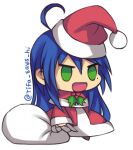 1girl :d ahoge bangs blue_hair capelet christmas coat commentary fur-trimmed_capelet fur_trim green_eyes hat holding holding_sack izumi_konata long_hair long_sleeves lowres lucky_star meme mole mole_under_eye open_mouth padoru_(meme) red_capelet red_coat red_headwear sack santa_hat simple_background smile solo standing tifa_amakura twitter_username white_background 
