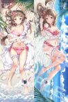  1girl animal animal_ears anklet antenna_hair arknights arm_up armpits bangs barefoot beach bikini blue_sky blush breasts brown_hair closed_mouth cloud collarbone dakimakura_(medium) day eyebrows_visible_through_hair eyjafjalla_(arknights) eyjafjalla_(summer_flowers)_(arknights) flower from_above from_side full_body hair_flower hair_ornament hand_on_own_chest hand_on_own_stomach hibiscus highres horns infection_monitor_(arknights) jewelry knees_up leg_garter long_hair looking_at_viewer lying medium_breasts multiple_views ocean off-shoulder_bikini off_shoulder official_alternate_costume on_back outdoors pink_bikini pink_flower red_eyes sample sand seashell shallow_water sheep sheep_ears sheep_girl sheep_horns shell sky smile starfish swimsuit taro_(ultrataro) water wreath 