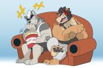  2boys alca anger_vein animal_ears bara beard beenic black_tank_top casual chest_hair chibi commission couch dog_boy dog_ears english_text facial_hair food full_body furry furry_male glasses grey_fur grey_hair gyee hikaze_(hikazedragon) laughing lion_boy lion_ears male_focus mature_male motion_lines multiple_boys muscular muscular_male on_couch original pectorals popcorn prank second-party_source short_hair tank_top two-tone_fur white_tank_top 