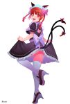  1girl :d alternate_costume animal_ears ass blush bow braid cat_ears enmaided fang full_body garter_straps highres kaenbyou_rin lifted_by_self looking_at_viewer looking_back maid nekomata nose_blush recare red_eyes red_hair simple_background slit_pupils smile solo standing standing_on_one_leg thighhighs touhou twin_braids twintails white_background white_legwear 