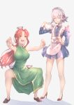  2girls alternate_eye_color apron balancing bangs blue_dress blue_eyes blush breasts brown_footwear china_dress chinese_clothes collarbone commentary_request covered_nipples cup dress frilled_apron frills gold_trim green_dress grey_background hair_ribbon high_heels highres hong_meiling izayoi_sakuya jnakamura1182 juliet_sleeves knees large_breasts loafers long_hair long_sleeves looking_at_another maid maid_apron maid_headdress multiple_girls open_mouth parted_bangs pouring puffy_sleeves red_eyes red_footwear red_hair ribbon shirt shoes short_hair sidelocks silver_hair simple_background sleeveless sleeveless_dress smile squatting standing teacup teapot thighs touhou tress_ribbon twintails white_apron 