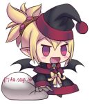  1girl :d black_capelet black_coat black_headwear blonde_hair blush_stickers capelet christmas coat commentary disgaea fur-trimmed_capelet fur_trim hat holding holding_sack long_hair long_sleeves lowres meme open_mouth padoru_(meme) red_eyes rozalin sack santa_hat simple_background smile solo standing tied_hair tifa_amakura tongue twitter_username white_background 