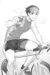  1boy bicycle bike_jersey bike_shorts blush bulge cycling_uniform cyclist greyscale ground_vehicle haiki_(tegusu) highres holding holding_poke_ball looking_at_viewer male_focus monochrome original poke_ball pokemon riding_bicycle short_hair sideburns smile solo sweat sweatdrop thick_thighs thighs toned toned_male 