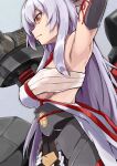  1girl arm_up armpits azur_lane bangs black_skirt breasts closed_mouth commentary cowboy_shot expressionless eyebrows_visible_through_hair grey_background grey_hair hadanugi_dousa hakama hakama_skirt highres hyuuga_(azur_lane) japanese_clothes kimono long_hair looking_at_viewer looking_down marshall_k medium_breasts orange_eyes sarashi simple_background skirt solo underboob very_long_hair white_kimono 