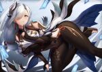  1girl bare_shoulders blue_eyes blush bodysuit breasts commentary covered_navel fingerless_gloves genshin_impact gloves hair_ornament hair_over_one_eye highres hip_vent large_breasts parted_lips shenhe_(genshin_impact) solo thighs white_hair xfate 