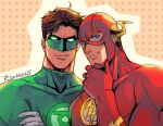  2boys barry_allen blue_eyes bodysuit brown_hair closed_mouth domino_mask gloves green_bodysuit green_lantern green_lantern_(series) hal_jordan hand_on_own_chin hand_up looking_at_viewer male_focus mask multiple_boys muscular muscular_male red_bodysuit redrico short_hair smile superhero the_flash the_flash_(series) upper_body white_gloves 