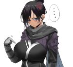  ... 1girl alternate_breast_size anger_vein angry animification apex_legends bangs black_bodysuit black_hair blue_eyes blush bodysuit breasts gloves hair_behind_ear hair_bun large_breasts long_sleeves looking_at_viewer pointing ricochet-gou solo speech_bubble upper_body white_background wraith_(apex_legends) 