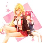  2girls blonde_hair bobpict braid breasts cat_hair_ornament couple fingerless_gloves gloves gyaru hair_ornament loose_necktie multiple_girls necktie red_eyes red_hair shikishima_mirei short_twintails tokonome_mamori twin_braids twintails valkyrie_drive valkyrie_drive_-mermaid- wife_and_wife yellow_eyes yuri 
