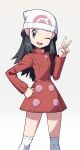  1girl ;d beanie black_hair buttons coat dawn_(pokemon) eyelashes grey_eyes hair_ornament hairclip hand_on_hip hand_up hat highres knees long_hair long_sleeves looking_at_viewer one_eye_closed open_mouth over-kneehighs pokemon pokemon_(game) pokemon_dppt pokemon_platinum red_coat sidelocks smile solo teeth thighhighs tongue upper_teeth v white_headwear white_legwear yoshi_(moco1) 