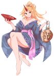  1girl bangs bare_legs bare_shoulders barefoot blonde_hair blue_kimono blue_scrunchie blush breasts cleavage collarbone commentary_request cuffs cup floating fugaku_(miko_no_miyatsuguchi) full_body hair_ornament hair_scrunchie highres holding horns hoshiguma_yuugi hoshiguma_yuugi_(promo) japanese_clothes kimono large_breasts legs lips long_hair looking_at_viewer obi oni oni_horns orange_eyes parted_bangs pointy_ears ponytail sakazuki sash scrunchie shackles side_slit sidelocks single_horn smile solo toenails touhou unmoving_pattern very_long_hair white_background 