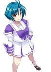  1girl antenna_hair bangs blush bow brown_eyes brown_footwear clenched_hand eyebrows_visible_through_hair hakuryou_high_school_uniform hand_on_hip juliet_sleeves long_sleeves minarai muvluv muvluv_alternative puffy_sleeves purple_bow school_uniform short_hair smile solo standing yoroi_mikoto 