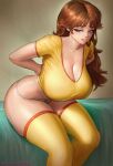  1girl :p arms_behind_back blue_eyes blush breasts brown_hair cleavage commentary highres huge_breasts long_hair mario_(series) panties patreon_username princess_daisy scoop_neck shirt short_sleeves sitting solo superbusty thick_thighs thighhighs thighs tongue tongue_out underwear yellow_legwear yellow_shirt 