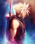  1boy artist_name black_shirt blonde_hair blue_background buster_sword cloud_strife commentary english_commentary final_fantasy final_fantasy_vii from_side highres instagram_username looking_away male_focus muscular muscular_male orange_background over_shoulder ribbed_sweater shirt signature sleeveless sleeveless_sweater sleeveless_turtleneck solo sparkle spiked_hair sweater sword sword_over_shoulder turtleneck turtleneck_sweater tylor_hepner upper_body visible_air watermark weapon weapon_over_shoulder weight_belt 