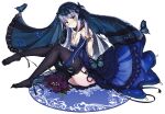  1girl black_legwear blue_butterfly bouquet breasts bug butterfly cleavage cross_hair_ornament facial_mark full_body girls&#039;_frontline gloves green_eyes hair_ornament highres hk416_(girls&#039;_frontline) long_hair looking_at_viewer lydia601304 silver_hair simple_background sitting solo teardrop_facial_mark veil white_background 