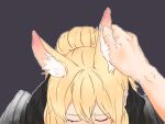  1girl animal_ear_fluff animal_ears arknights bangs blonde_hair closed_eyes commentary_request eyebrows_visible_through_hair hand_on_another&#039;s_head highres horse_ears implied_fellatio nearl_(arknights) reindkk simple_background 