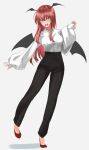  1girl :d absurdres alternate_costume arm_up bangs bat_wings black_pants blush breasts buttons collared_shirt commentary_request demon_girl demon_tail demon_wings eyebrows_visible_through_hair eyeshadow fangs full_body grey_background hair_between_eyes head_wings high_heels highres jnakamura1182 koakuma large_breasts long_hair long_sleeves looking_at_viewer low_wings lower_teeth makeup open_mouth pants puffy_sleeves red_eyes red_eyeshadow red_footwear red_hair shadow shirt sidelocks simple_background smile solo standing standing_on_one_leg tail teeth tongue touhou v-shaped_eyebrows white_shirt wide_sleeves wing_collar wings 