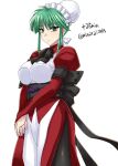  1girl ascot bangs black_ascot black_legwear breasts bun_cover dress eyebrows_visible_through_hair green_eyes green_hair highres juliet_sleeves large_breasts long_sleeves looking_at_viewer maid maid_headdress minarai muvluv muvluv_alternative obi own_hands_together pantyhose puffy_sleeves red_dress sash smile solo tsukuyomi_mana white_background 