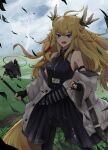  1girl absurdres arknights black_dress blonde_hair dress drone fingerless_gloves gloves highres holding holding_staff horns leizi_(arknights) lightning long_hair nanamilem off_shoulder pointy_ears staff tail thick_eyebrows wind 