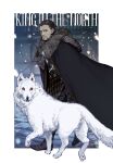  1boy a_song_of_ice_and_fire armor bad_link beard black_eyes black_hair boots cloak facial_hair fur_trim game_of_thrones ghost_(a_song_of_ice_and_fire) hair_bun highres jon_snow mustache red_eyes scar scar_across_eye snow solo sword uyama_hajime weapon white_fur wolf 