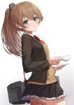  1girl artist_name ass blouse blue_eyes blush brown_cardigan brown_hair brown_skirt cardigan cowboy_shot cup eyebrows_visible_through_hair hair_between_eyes highres holding holding_cup kantai_collection kokenashi kumano_(kancolle) long_hair long_sleeves looking_at_viewer neck_ribbon panties parted_lips pleated_skirt ponytail red_ribbon remodel_(kantai_collection) ribbon signature skirt solo underwear white_background white_blouse white_panties 