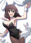  1girl absurdres animal_ears armpits bangs black_leotard blush bouncing_breasts bow braid breasts brown_hair bunny cleavage covered_navel crown_braid detached_collar eyebrows_visible_through_hair fishnet_legwear fishnets hair_between_eyes hair_bow highres kono_subarashii_sekai_ni_shukufuku_wo! large_breasts leotard long_hair necktie open_mouth pantyhose pink_necktie playboy_bunny rabbit_ears red_bow red_eyes shiny shiny_hair sleeveless solo strapless strapless_leotard tokiani wavy_mouth white_background wing_collar wrist_cuffs yunyun_(konosuba) 