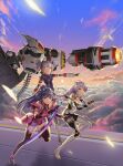  3girls bangs bare_shoulders blue_eyes blue_jacket blue_sky bodysuit boots bow braid breasts bronya_zaychik bronya_zaychik_(valkyrie_chariot) brown_footwear cannon cleavage closed_mouth cloud cloudy_sky drill_hair dual_wielding floating full_body gotointhepark grey_eyes grey_hair grin gun hair_bow handgun highres holding holding_gun holding_sword holding_weapon honkai_(series) honkai_impact_3rd jacket katana kiana_kaslana kiana_kaslana_(white_comet) long_hair multiple_girls open_mouth outdoors pistol project_bunny purple_eyes purple_hair raiden_mei raiden_mei_(crimson_impulse) running sky smile smirk sword teeth thigh_boots thighhighs twin_braids twin_drills v-shaped_eyebrows weapon white_hair 