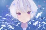  1girl absurdres bangs blue_flower commentary flower highres leaf looking_at_viewer natsu-no-kamisama original parted_lips pink_eyes plant portrait purple_eyes shadow short_hair solo tears white_hair 