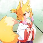  1girl animal_ear_fluff animal_ears bangs blonde_hair blush clothes_lift done_(donezumi) eyebrows_visible_through_hair fox_ears fox_girl fox_tail highres japanese_clothes kitsune looking_at_viewer medium_hair original red_eyes shirt_lift solo standing tail tatami thick_eyebrows 