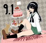  1girl argyle argyle_background bangs birthday birthday_cake black_hair black_legwear blouse brown_eyes brown_footwear cake cat commentary_request dated dessert eating english_text flag food food_on_face girls_und_panzer green_skirt grey_background hairband happy_birthday highres knee_up loafers long_hair long_sleeves looking_at_viewer miniskirt neckerchief ooarai_school_uniform open_mouth outline pleated_skirt reizei_mako sailor_collar saitou_gabio school_uniform serafuku shoes sitting skirt socks solo table tiered_tray white_blouse white_flag white_hairband white_outline white_sailor_collar 