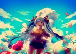  1girl artist_name backlighting balloon black_shorts blouse blue_hair blue_sky blush bow closed_eyes clothes_lift cloud cloudy_sky commentary contrail cowboy_shot day dot_nose facing_viewer hair_ornament hairclip hamudetsu hatsune_miku heart heart_balloon holding holding_heart laughing light_particles long_hair midriff_peek open_mouth outdoors red_bow ribbon sekiranun_graffiti_(vocaloid) shiny_(module) shorts sky solo striped striped_bow teeth thighs too_many too_many_balloons twintails upper_teeth very_long_hair vocaloid white_blouse wide_sleeves wind wind_lift wrist_ribbon 