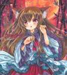  1girl :o ahoge animal_ear_fluff animal_ears bamboo brooch brown_hair brown_tail cowboy_shot eyebrows_visible_through_hair frilled_sleeves frills hair_between_eyes imaizumi_kagerou jewelry long_hair long_sleeves looking_at_viewer marker_(medium) moon nail_polish open_mouth orange_brooch outdoors pink_nails red_background red_eyes red_moon red_skirt red_theme rui_(sugar3) sample shirt skirt solo tail touhou traditional_media very_long_hair white_shirt wide_sleeves wolf_ears wolf_tail 