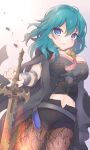  1girl absurdres armor bangs black_armor black_shorts blue_eyes blue_hair blush breasts brown_legwear byleth_(fire_emblem) byleth_(fire_emblem)_(female) cape cleavage commentary commission cowboy_shot crop_top cropped_shirt dagger emblem eyebrows_visible_through_hair fire_emblem fire_emblem:_three_houses grey_skirt hair_between_eyes highres holding holding_sword holding_weapon knife kokorominton large_breasts long_hair looking_at_viewer midriff navel pantyhose parted_lips patterned_clothing planted planted_sword sheath sheathed short_shorts shorts sidelocks skeb_commission skirt solo standing sword sword_of_the_creator vambraces weapon white_background 