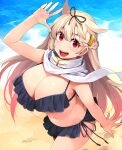  1girl :d arm_up bangs beach bikini black_bikini blonde_hair braid breasts commentary_request cowboy_shot dated eyebrows_visible_through_hair frilled_bikini frills hair_between_eyes hair_ornament hairclip hairy happa_(cloverppd) highres huge_breasts kantai_collection long_hair looking_at_viewer navel red_eyes remodel_(kantai_collection) sand scarf side-tie_bikini signature smile solo sparkling_eyes swimsuit very_long_hair water white_scarf yuudachi_(kancolle) 