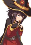  1girl bangs belt belt_buckle black_cape black_gloves blunt_bangs breasts brown_belt brown_hair buckle cape commentary dress embarrassed fingerless_gloves fingers_together gloves hat kono_subarashii_sekai_ni_shukufuku_wo! looking_away megumin open_mouth red_dress red_eyes sanpaku short_hair short_hair_with_long_locks sidelocks simple_background small_breasts smile solo sweatdrop umarutsufuri upper_body white_background witch_hat 