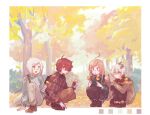  2boys 2girls acorn ahoge autumn_leaves bag bandaid bandaid_on_nose black_sweater blue_eyes brown_pants brown_sweater color_guide commentary falling_leaves flower_(vocaloid) fukase ginkgo_leaf green_eyes heterochromia holding holding_leaf hugging_own_legs leaf long_hair looking_at_viewer mi_no_take multicolored_hair multiple_boys multiple_girls pants pinecone pink_eyes pink_hair plaid plaid_shirt red_eyes red_hair scenery school_bag sf-a2_miki shirt short_hair shoulder_bag squatting streaked_hair sweater tree utatane_piko v_flower_(vocaloid4) vocaloid white_hair yellow_leaves 